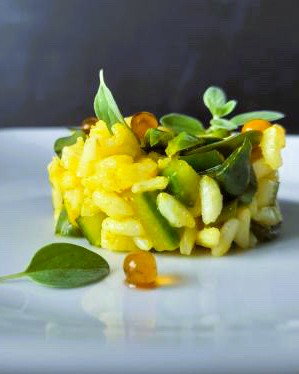 riso, verdure e perle all’aceto balsamico di abete dello Chef Marco Domenella, Hosteria la Marca Camerano AN.