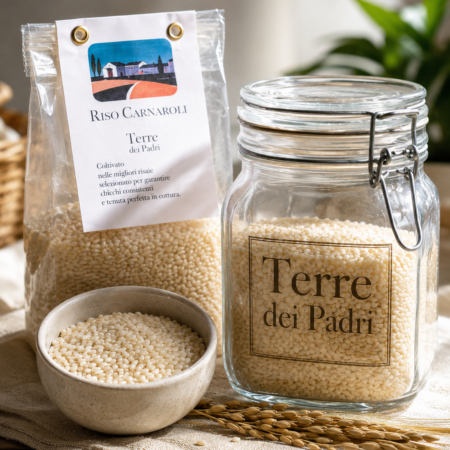 Riso Carnaroli Terre dei Padri nei diversi formati disponibili, con confezione da 500g, vaso in vetro e ciotola con chicchi di riso.