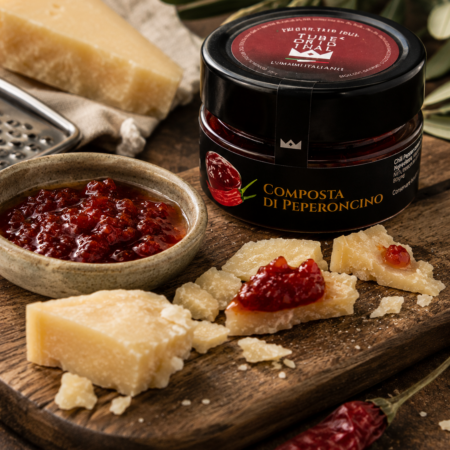 Composta di Peperoncino Tube Original abbinata a formaggi stagionati per un antipasto gourmet.