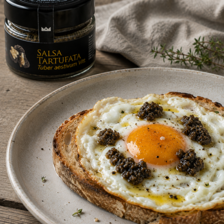 Salsa Tartufata utilizzata per completare un uovo al tegamino servito su pane tostato.