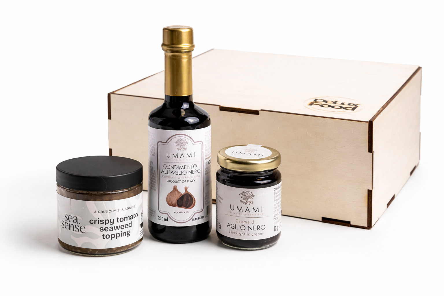 Box Starter Kit con condimento e crema all’aglio nero e topping croccante alle alghe e pomodoro in box di legno