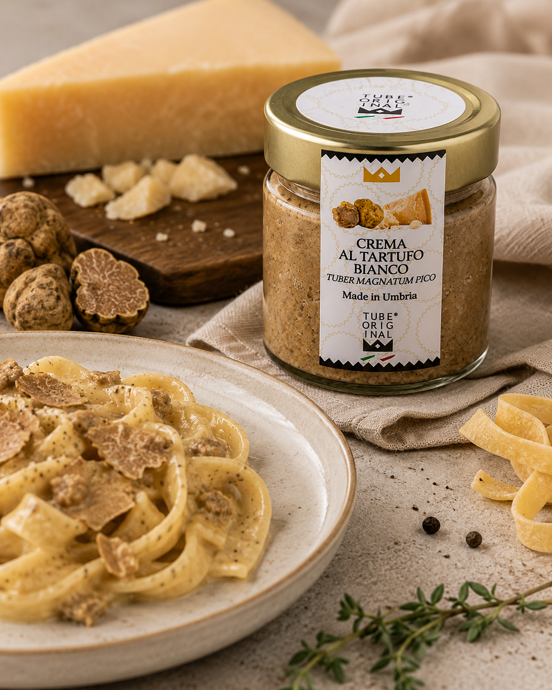 Crema al Tartufo Bianco Tube Original utilizzata per condire tagliatelle fresche con scaglie di tartufo.