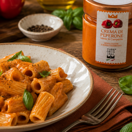 Crema di Peperone Tube Original utilizzata per condire un piatto di rigatoni con basilico fresco.