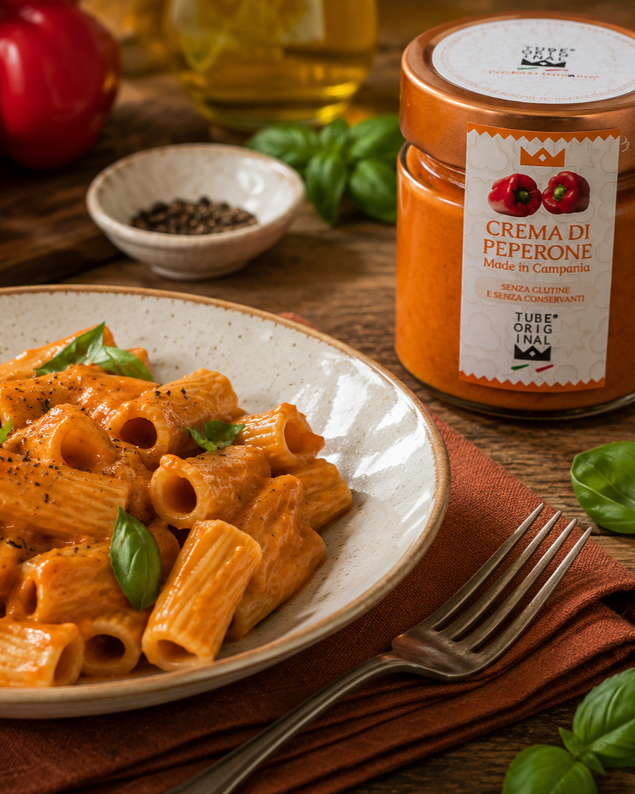 Crema di Peperone Tube Original utilizzata per condire un piatto di rigatoni con basilico fresco.