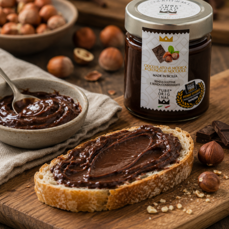 Crema Cioccolato di Modica e Crunch di Nocciole Tube Original spalmata su una fetta di pane rustico con nocciole e cioccolato.