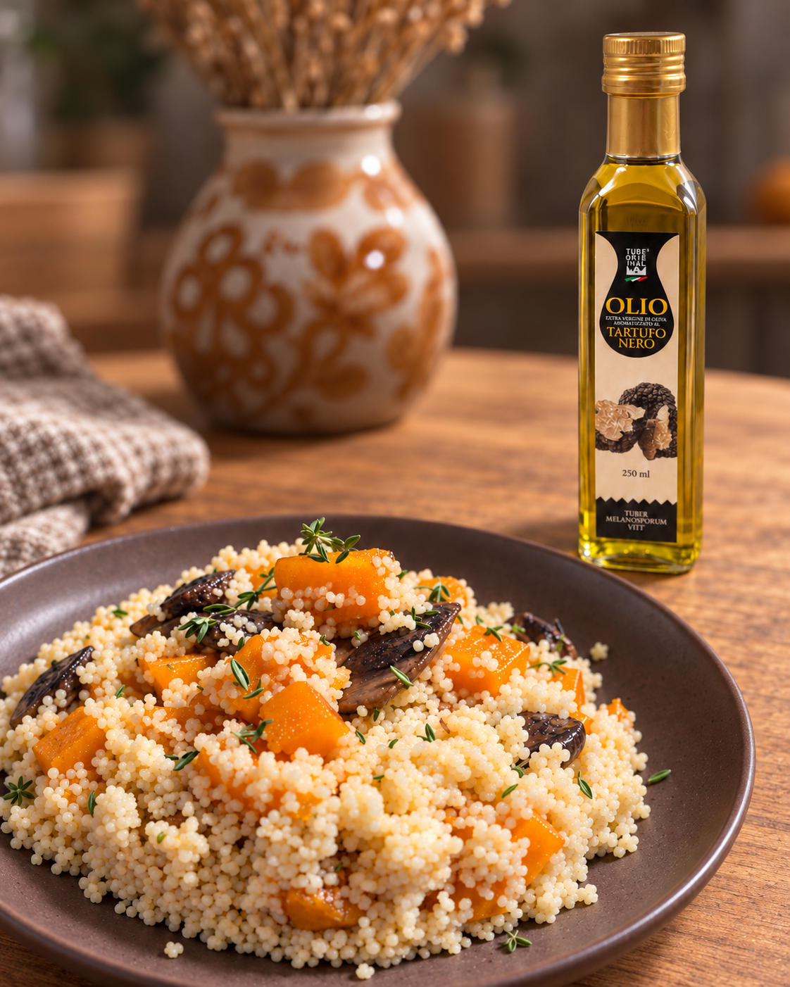 Cous cous con zucca, funghi e timo servito con Olio al Tartufo Nero Tube Original
