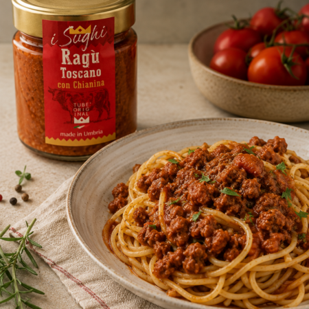 Ragù Toscano con Chianina servito con spaghetti, ideale per preparare un primo piatto ricco di gusto.