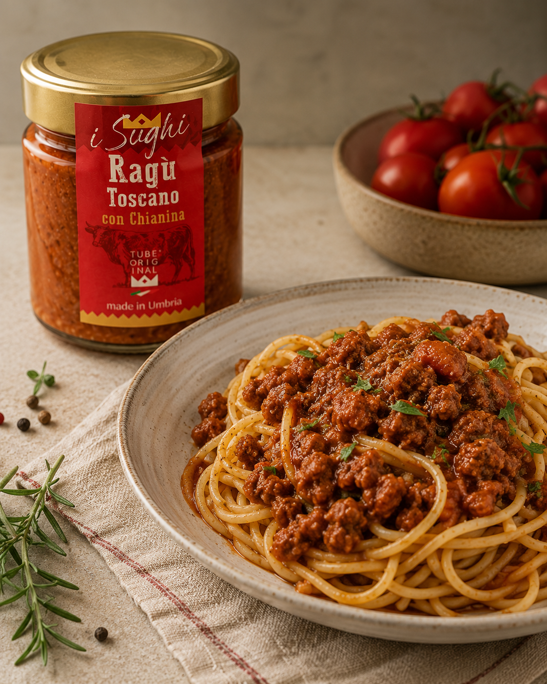 Ragù Toscano con Chianina servito con spaghetti, ideale per preparare un primo piatto ricco di gusto.