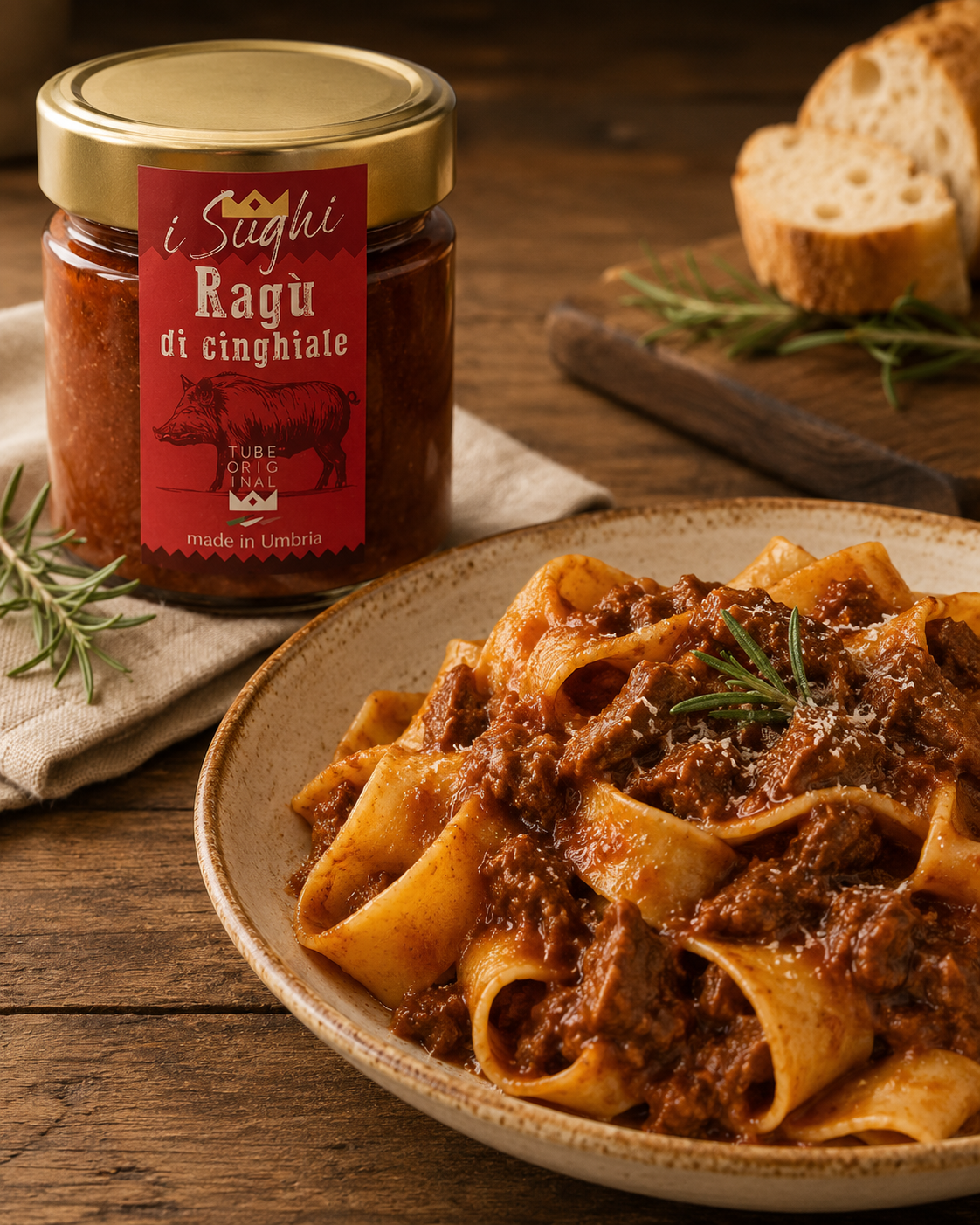 Ragù di Cinghiale servito con pappardelle, ideale per preparare un primo piatto ricco e saporito.