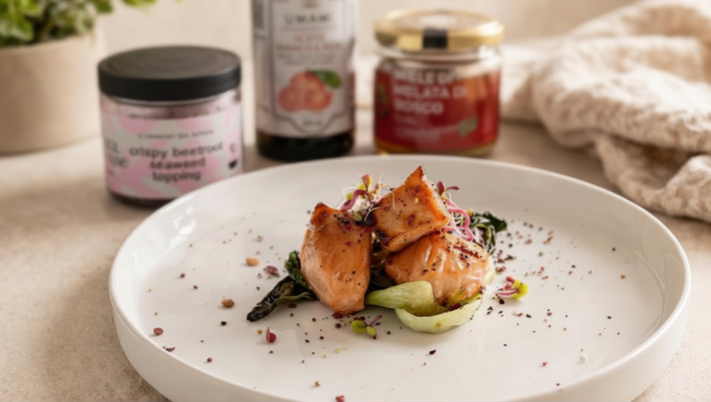 salmone marinato con aceto di arance rosse e miele di melata su pak choi con topping di alghe e barbabietola