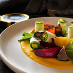 Giardino d'Estate, ricetta Light Gourmet con crema di carote, pesche grigliate, zucchine e Carpaccio di Tartufo