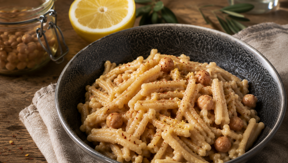 Pasta e ceci al limone con crema di ceci, Limone Nero e Crema di Peperoncino