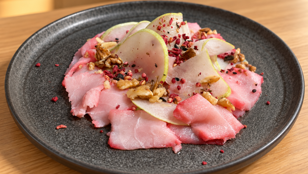 Carpaccio di spada e pere con marinatura alla barbabietola, noci e topping alle alghe e barbabietola