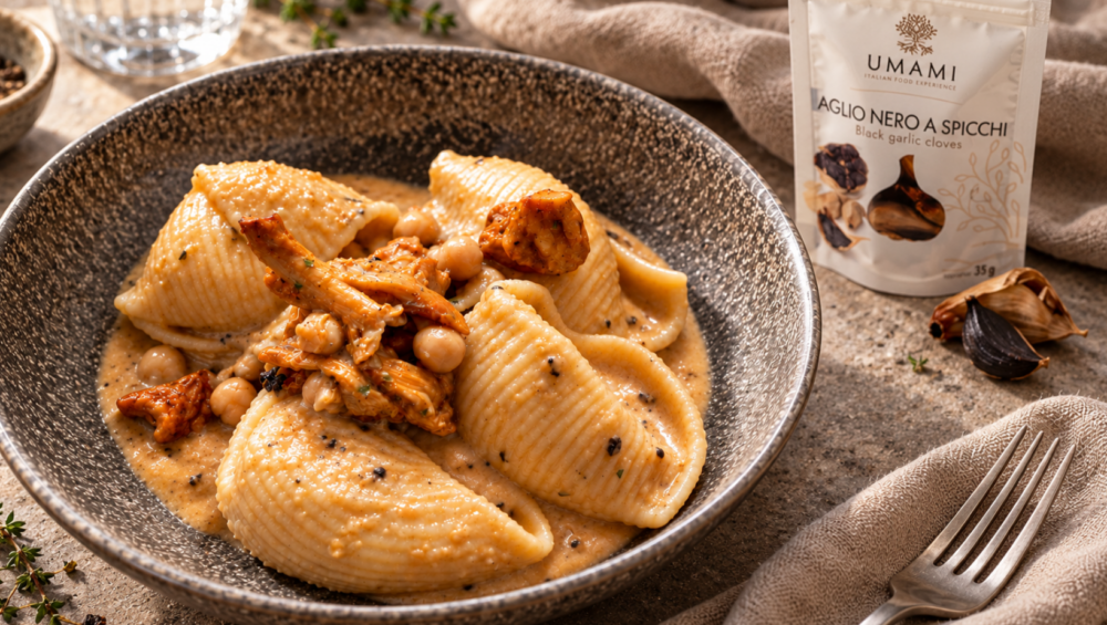 Conchiglioni con crema di ceci e finferli in un piatto fondo, accanto alla confezione di aglio nero a spicchi UMAMI.