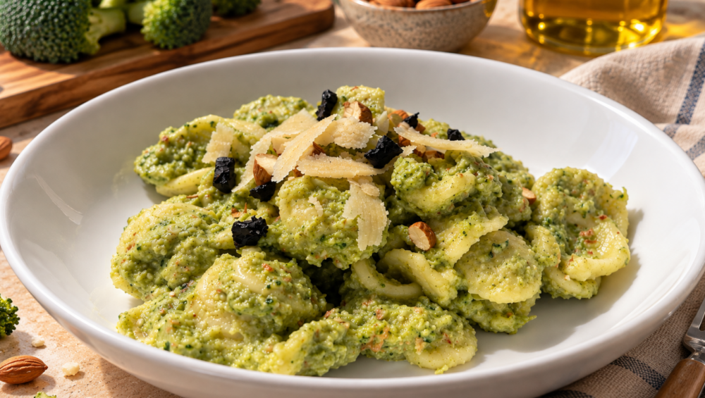 Orecchiette ai broccoli con pesto cremoso di broccoli, mandorle e basilico, completate con pezzetti di Cipolla Nera UMAMI.