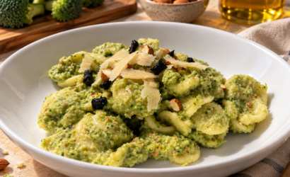 Orecchiette ai broccoli con pesto cremoso di broccoli, mandorle e basilico, completate con pezzetti di Cipolla Nera UMAMI.