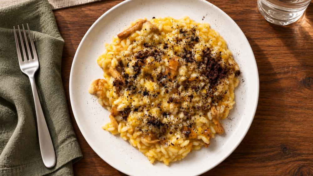 Risotto alla zucca con funghi, polvere di aglio nero e cacao amaro, servito in un piatto bianco su una tavola in legno.